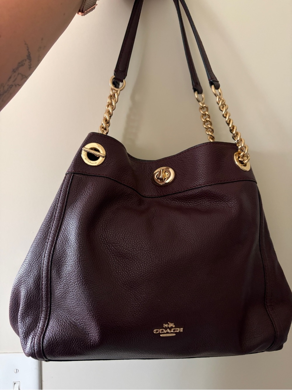 Coach Pebbled Leather Shoulder Bag in Plum with Gold Hardware